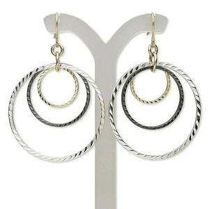 Gunmetal Gray Gold Silver Diamond Cut Metal Circles Hoop Dangle Earrings